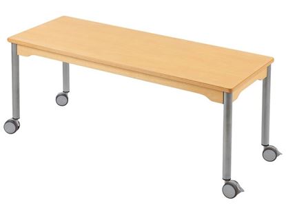 Image de 34911002 TABLE PLATEAU STRATIFIE AVEC PIETEMENT EN METAL GRIS A ROULETTES - L: 130 cm - l: 50 cm. BLEU      