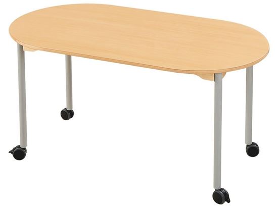 Image sur 38524002 TABLE OBLONG - PLATEAU STRATIFIE AVEC PIETEMENT EN METAL GRIS A ROULETTES BLEU      