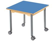 Image sur 53104002 TABLE PLATEAU STRATIFIE AVEC PIETEMENT EN METAL GRIS A ROULETTES - L: 60 cm - l: 60 cm. BLEU      