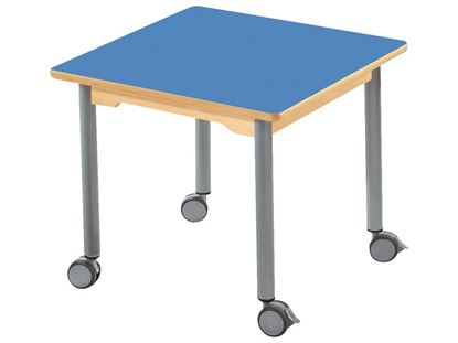 Image de 53104002 TABLE PLATEAU STRATIFIE AVEC PIETEMENT EN METAL GRIS A ROULETTES - L: 60 cm - l: 60 cm. BLEU      