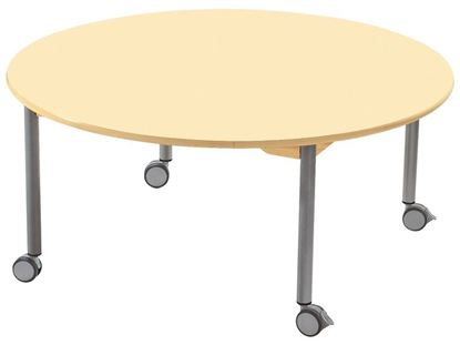 Image de 53121002 TABLE PLATEAU STRATIFIE AVEC PIETEMENT EN METAL GRIS A ROULETTES - ROND - Ø 120 cm BLEU      