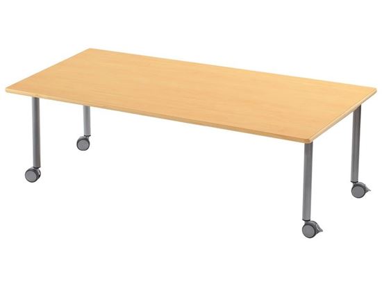 Image sur 53131002 TABLE PLATEAU STRATIFIE AVEC PIETEMENT EN METAL GRIS A ROULETTES - L: 160 cm - l: 80 cm. BLEU      